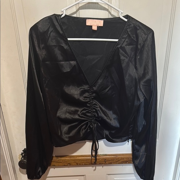 Black Ruched Satin Tie Front Long Sleeve Blouse - Picture 2 of 9